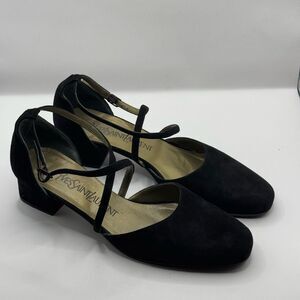 YSL Yves Saint Laurent Vintage Black Suede Low Heels Cross Strap Size 6